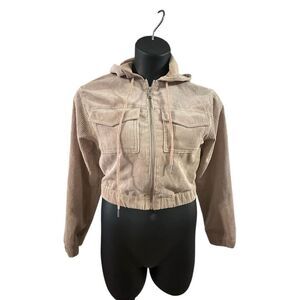 Love Tree Women's Beige Cropped Corduroy Hooded Full Zip Jacket Size Small